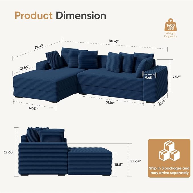 111'' Sectional Sofa Couches with L-Shape Chaise, Extra Large Sleeper Couch Reversible Corduroy Chaise with 8 pcs Pillow for Living Room, Bedroom