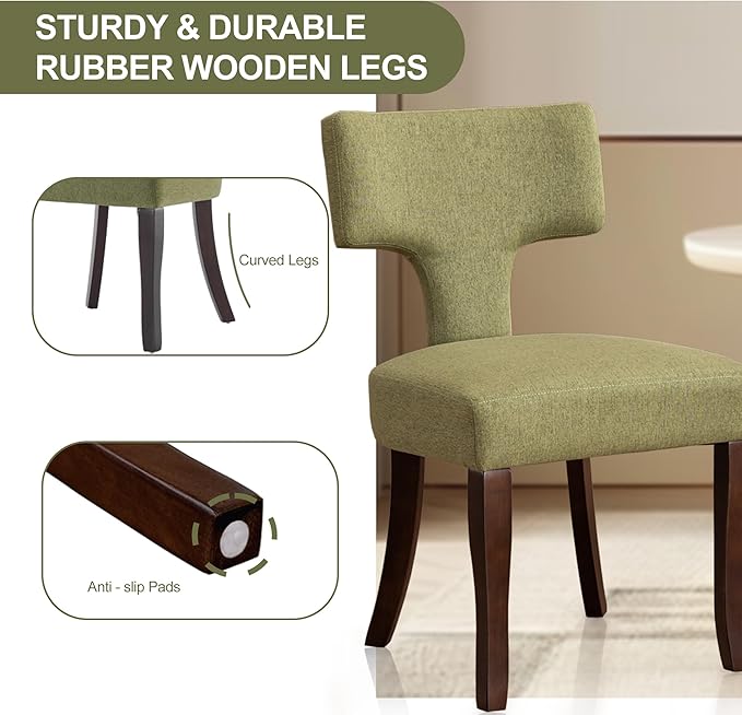Mid Century Modern Dining Chairs Set of 2, Upholstered Side Dining Chairs with Curved Back Linen Fabric Armless Wood Chairs Kitchen & Dining Room Farmhouse Chairs (Green)