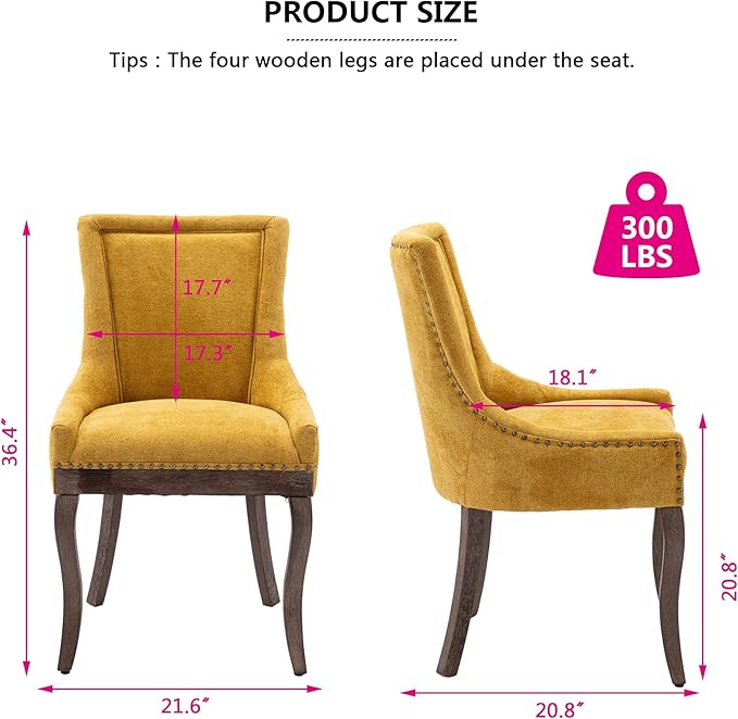 Farmhouse Dining Chairs Set of 2, Upholstered Fabric Dining Room Accent Chairs with Wood Legs & Bronze Nailhead, High Wingback Kitchen Chairs for Living Room Hotel Apartment, Golden Yellow