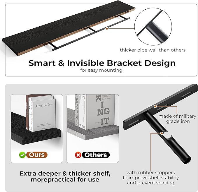 Fun Memories 66 Inch Fireplace Mantel Shelf with Invisible Bracket, 8 Inch Deep Floating Shelf for Living Room, Kitchen, Farmhouse, Black (2-Pack)