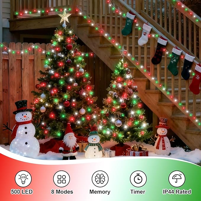 QITONG Red White Green Christmas Light Outdoor Waterproof, 165ft 500 LED String Lights with 8 Modes, Clear Wire Christmas Tree Light Indoor Plug-in