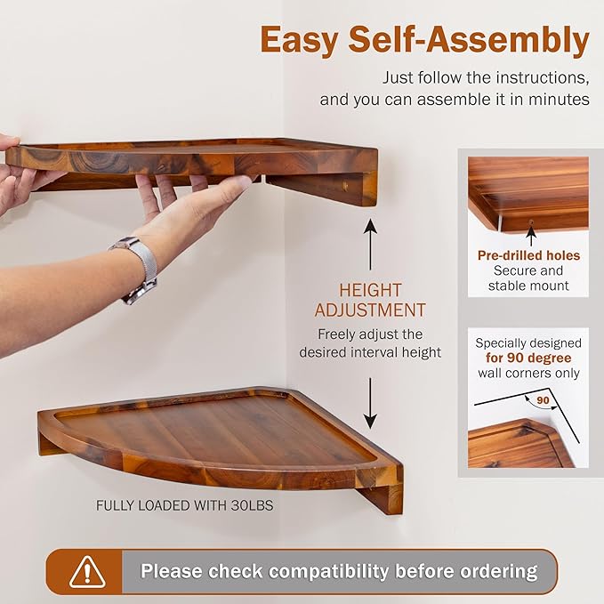 Demigo Floating Round Corner Shelves for Wall 2pcs - Acacia Wood Wall-Mounted Storage Shelves for Home Decor, Space Saving Displays for Living Room, Kitchen, Office, and Bedroom (Natural Brown)