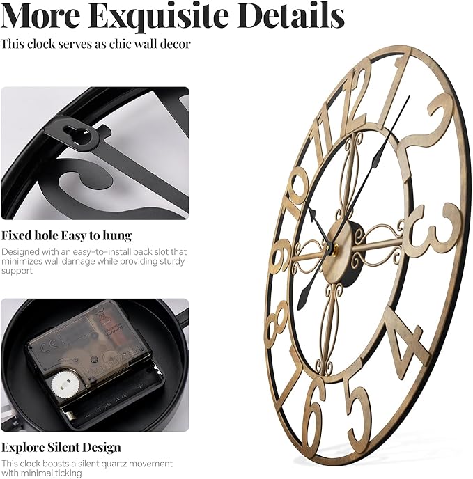 Cuspin 30 Inch Wall Clock, Large Decorative Wall Clock for Living Room, Silent Non-Ticking Battery Operated Metal Round Retro Rustic Arabic Numerals Analog Bronze Clock for Kitchen Mantel Office
