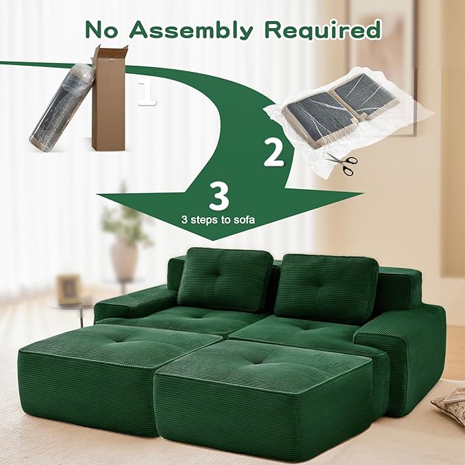 80" Modern Compressed Boneless Love Seat Couches with 2 Ottomans, 2 Seater Large Sectional Couches for Living Room, Green Corduroy Cloud Modular Sectional Sofa, Memory Foam, Deep Loveseat, No Assembly