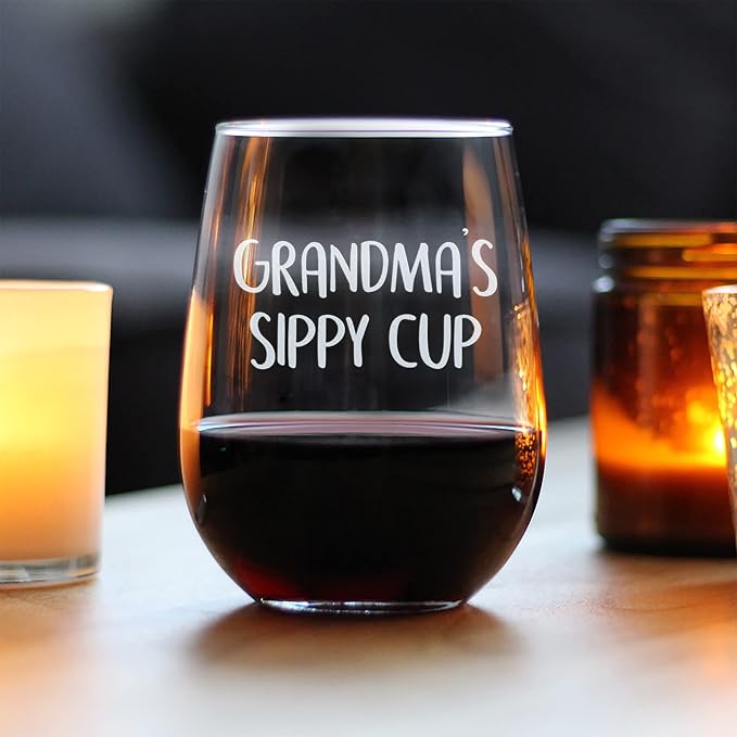 Bevvee Grandma's Sippy Cup - Stemless Wine Glass Gift for Grandmothers - Cute Birthday Glasses - Large 17 Oz