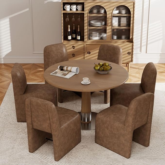 Brown Upholstered Leather Dining Chairs Set of 4, Mid Century Modern Dining Room Chairs with Deep Seat & Curved Back, Armless Side Chair Comfy Kitchen Chairs for Living Room/Kitchen