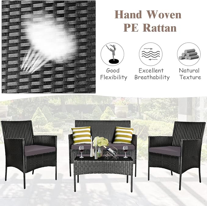 Tangkula 8 Pieces Patio Furniture Set, Outdoor Wicker Conversation Set with Tempered Glass Tabletop, Rattan Sofa and Chairs Set with Off White & Grey Cushion Covers
