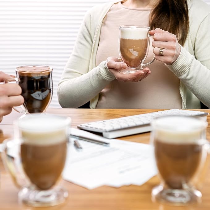 Double Wall Glass Coffee Mugs - 11oz Dishwasher & Microwave Safe Clear Mugs Set of 4 - Insulated Design, Ideal as Cups for Tea, Latte, Cappuccino, Nespresso, Hot & Cold Beverages
