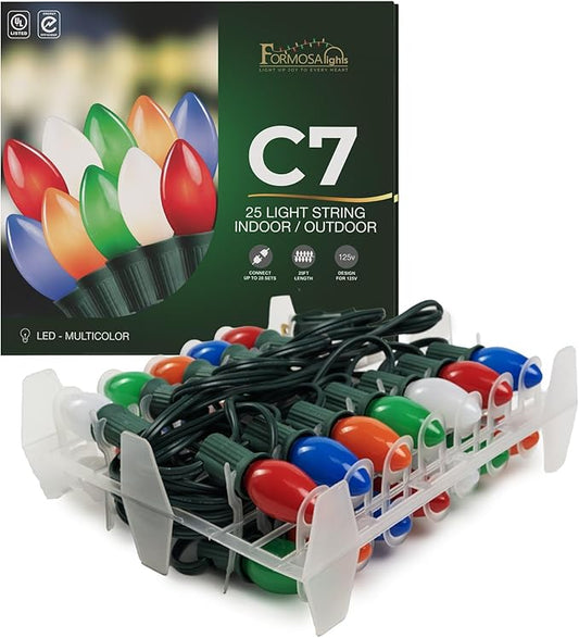 C7 26ft Indoor/Outdoor Opaque Multicolor LED Christmas String Lights with 25 Bulbs | 120V, 0.6W