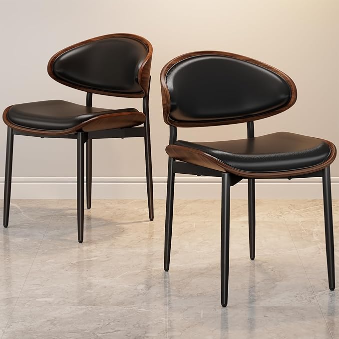 Dining Chairs Set of 4, Mid-Century Modern Upholstered PU Leather Chairs with Walnut Bentwood Back and Metal Legs Adjustable Feet for Kitchen Dining Room, Black PU