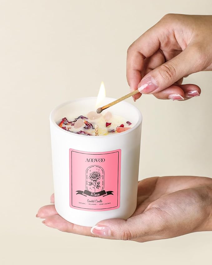 AOOVOO Rose Scented Candles for Women - Aromatherapy Candle with Crystals Inside, 10oz Soy Candles for Home Scented, Birthday Gifts Christmas Candle for Mom Women