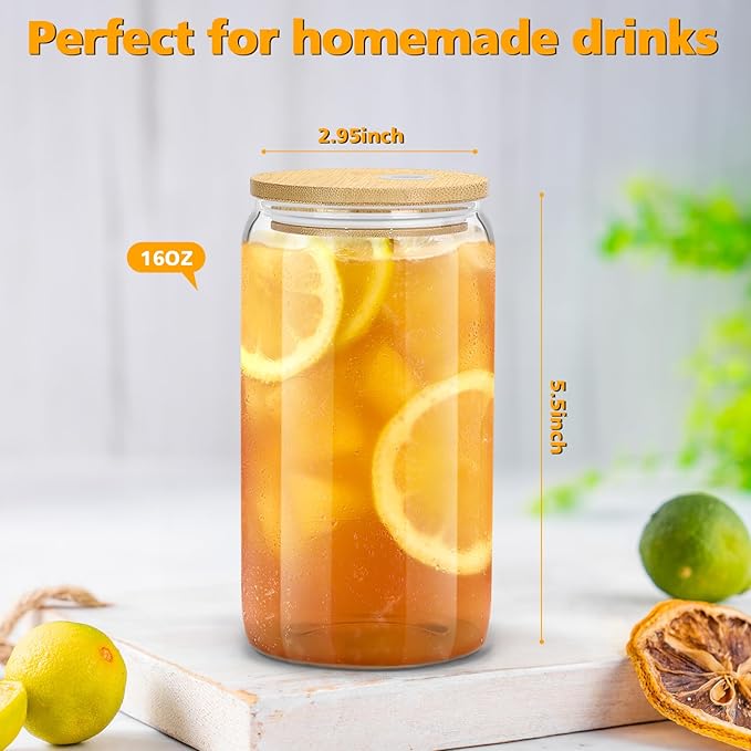 sungwoo 8PCS Glass Cups with Bamboo Lids and Straws, 16OZ Ice Coffee Cup, Drinking Cup set with Wooden Lids, Home Essential Glass Tumblers for Beer, Cocktail, Tea and Latte Clear