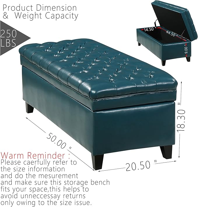 Setawix PU Leather Storage Benches for Bedroom,50" Bed End Bench with Storage,Tufted Teal Storage Ottoman Bench for Living Room,Rectangle Entryway Benches with Storage and Seating (Teal, PU Leather)