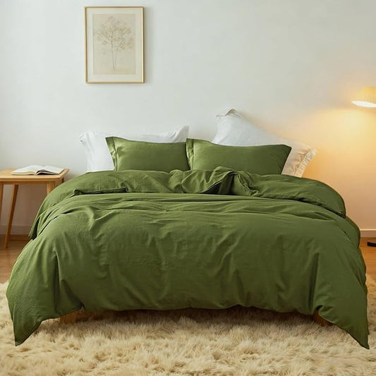 Simple&Opulence French Linen Duvet Cover Set 78" x 86"- 3 Pieces (1 Comforter Cover,2 Pillowcases)- Natural Flax Cotton Blend-Solid Color Breathable Farmhouse Bedding-Forest Green, Full
