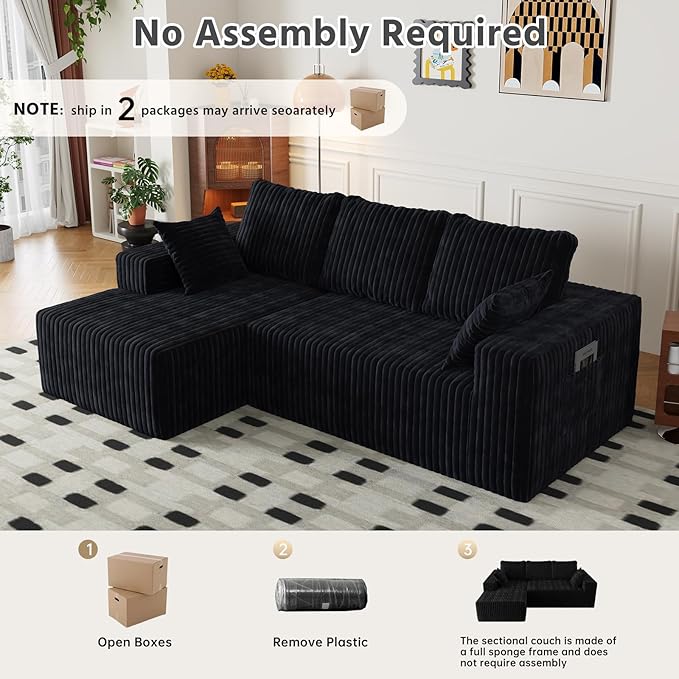94" Cloud Sectional Couch with L-Shape Chaise,4 Seat Modern Modular Sofa with Side Pockets,Upholstered Couches for Living Room Bedroom, Boneless Couch,No Assembly Required