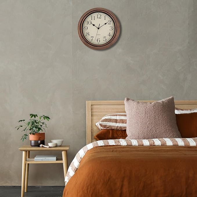 Foxtop Vintage Copper Wall Clock 12 Inch Silent Non Ticking Battery Operated Quartz Round Retro Wall Clock Decorative for Kitchen Bedroom Living Room Office Classroom