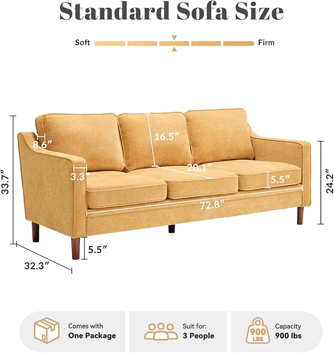 Kingfun 80" Chenille Sofa, 3 Seater Couch, Mid Century Modern Couches with Solid Wood Frame for Living Room & Bedroom, Yellow