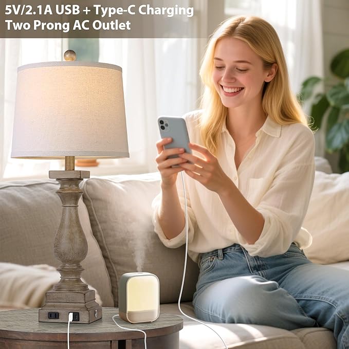 28" Tall Farmhouse Table Lamps Set of 2 with USB C+A Ports and AC Outlet, 3 Way Touch Control Rustic Bedside Lamp for Bedroom, Brown Vintage Nightstand Lamp for Living Room Office