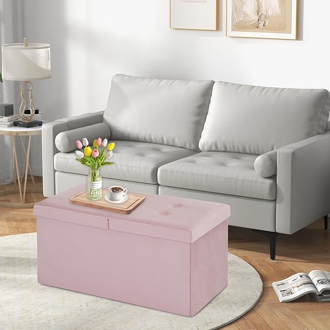 CAROLMADE 30 Inches Storage Ottoman Bench with Flipping Lid, Velvet Foldable Storage Footrest, Ottoman with Storage for Living Room Holds up to 330lbs, Pink