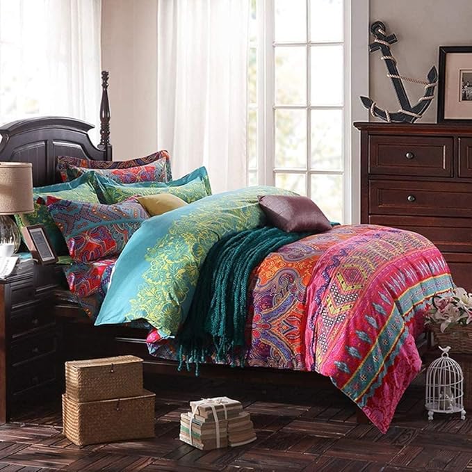Queen Size Boho Comforter Set - 3 Pieces Lightweight Exotic Yellow Orange Mandala Colorful Retro Boho Comforter and 2 Pillowcases for All Seasons