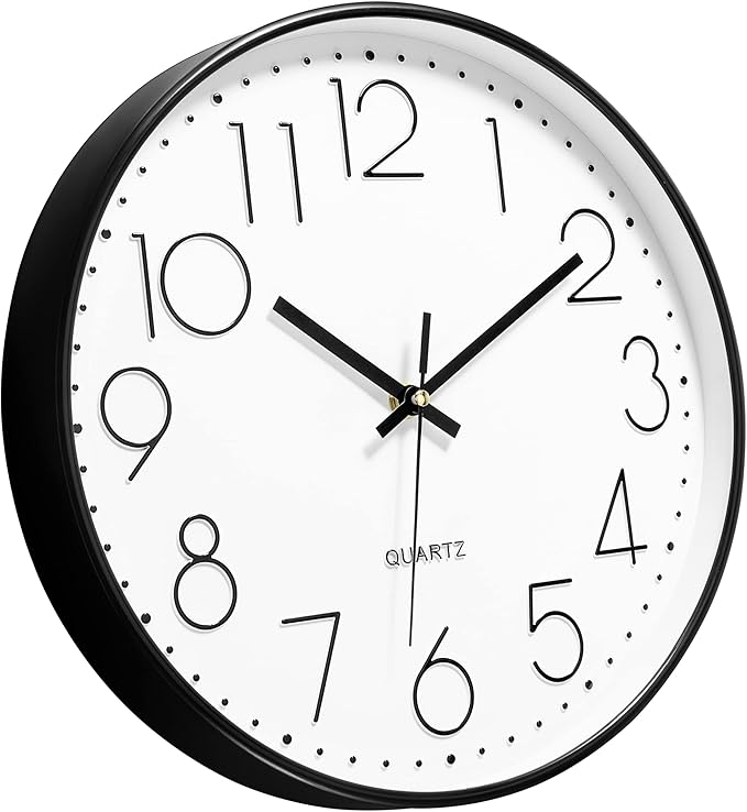 Foxtop Black Wall Clock 12 Inch Silent Non Ticking Quartz Battery Operated Round Clock Easy to Read for Office Classroom School Home Living Room Bedroom Kitchen Decor