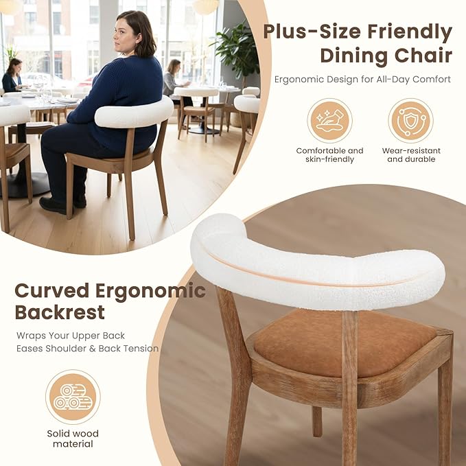 Kmax Dining Room Chairs Mid-Century Modern Leather Kitchen Chairs with Natural Walnut Finished Frame, Fur White Curved Back, 2-Pcs Set, PU Brown