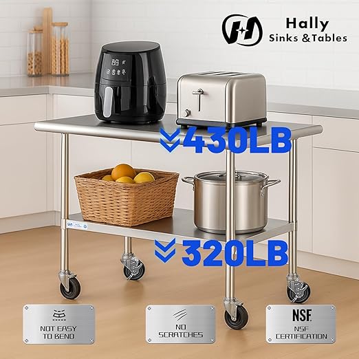 Hally Stainless Steel Table for Prep & Work 24 x 36 Inches with Caster Wheels, NSF Commercial Heavy Duty Table with Undershelf and Galvanized Legs for Restaurant, Home and Hotel