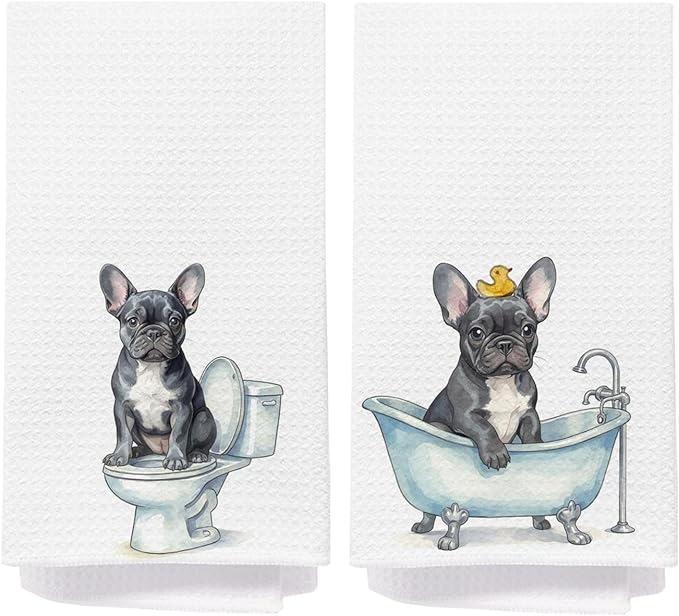 French Bulldog Bathroom Hand Towels, French Bulldog Lover Gifts for Women, Funny Frenchie Dog Decorative Hand Towels for Kids Bathroom Washroom, Frenchie Mom Gifts, 16x24 Inch Set of 2