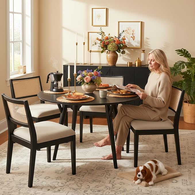 HULALA HOME Rattan Dining Chairs Set of 4, French Solid Wood Kitchen Dining Room Chairs with Curved Back, Upholstered Accent Dinner Cane Chair for Living Room Restaurant, Black