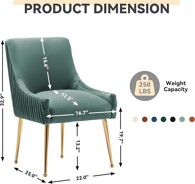 Dining Chairs, Accent Chairs Set of 2, Modern Upholstered Kitchen Dining Room Chairs with Gold Legs, Fabric Tufted Velvet Living Room Chairs for Reception Room Bedroom Guest Room (Green)