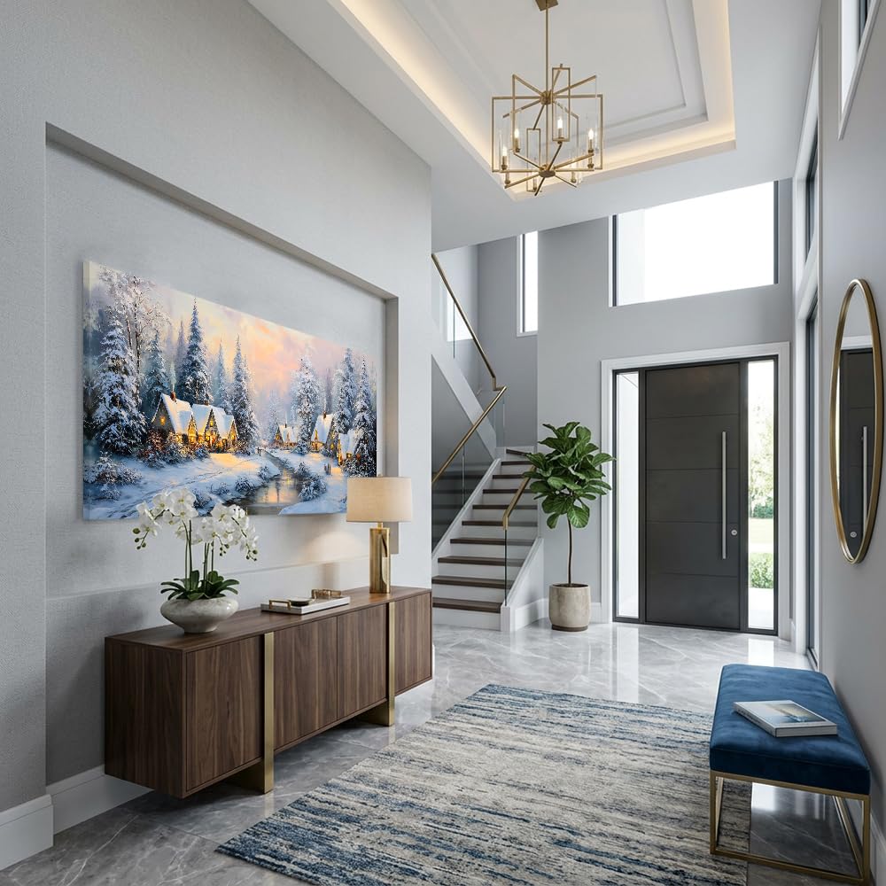 TEKMENT White Retro Cabin Wall Art for Bedroom Canvas Painting Prints Beautiful Snow Winter Forest Rustic Christmas Night Village Art Deco Nature Artwork Office Farmhouse Decor