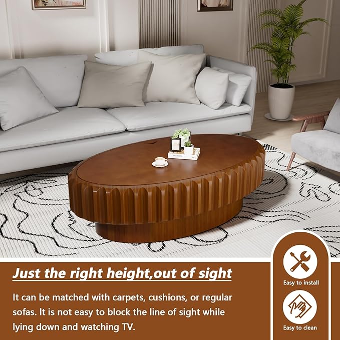 Round Drum Coffee Table White Fluted Coffee Table Circle Center Table Pedestal End Table for Apartment (Oval 43.3in)
