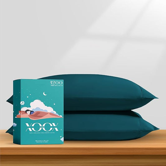 XOOX Linen 100% Egyptian Cotton Pillow Cases Standard/Queen Size Set of 2 - Luxury 1200 Thread Count Sateen Teal Pillow Cases, Silky Soft Cooling Pillowcases Fits Standard & Queen Size Pillows