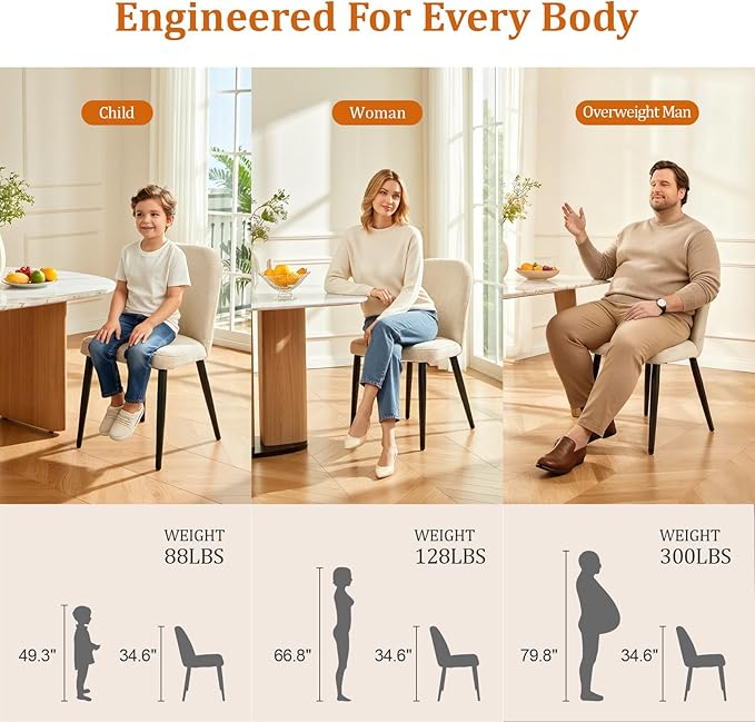 Upholstered Dining Chairs Set of 2, Mid Century Modern Fabric Dining Room Chair High-Back Padded Kitchen Chairs with Padded Seat and Metal Legs for Kitchen Dining Room Restaurant Cafe, Beige