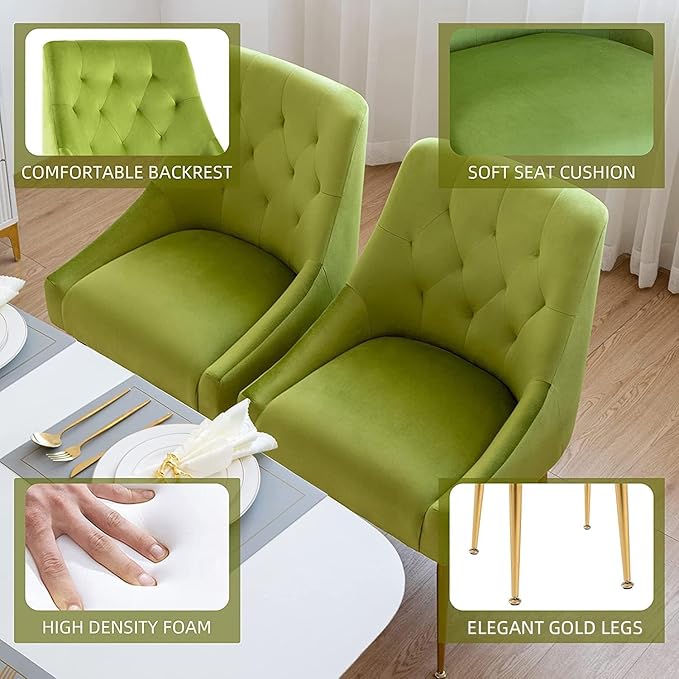 Modern Dining Chair Set of 6, Mid-Century Room Chair, Upholstered Comfortable Velvet with Back Pull Rod and Metal Legs for Kitchen, Living (Yellow-Green) (DYXSD)