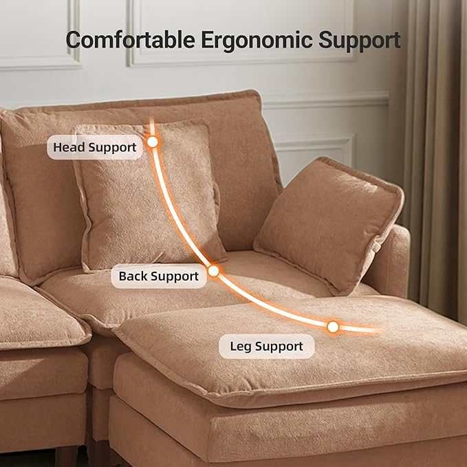 Claiks 148" Modular Sectional Sofa, Cloud Couch with Ottoman, U-Shaped 6-Seater Sofa in Chenille Fabric, Deep Seat Comfy Couch with Pillows for Living Room & Offices, Khaki