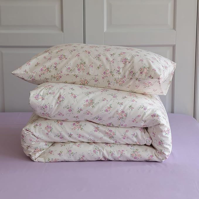 EAVD Girls Pink Purple Floral Comforter Set Twin XL Soft Microfiber Chic Shabby Garden Floral Bedding Set with 2 Pillowcases Fresh Cute Botanical Comforter Set for All-Season