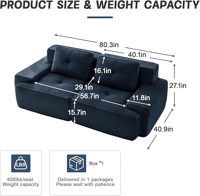 80" Modern Compressed Boneless Love Seat Couches, 2 Seater Large Sectional Couches for Living Room, Blue Corduroy Cloud Modular Sectional Sofa, Memory Foam, Extra Deep Loveseat, No Assembly