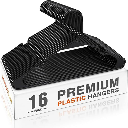 HOUSE DAY Plastic Hangers 16 Pack - Adult Clothes Hangers Black - Space Saving, Non-Slip, Durable & Sturdy Hanger with Shoulder Grooves for Closet, Perfect Slim Coat Hanger - Ganchos para Colgar Ropa