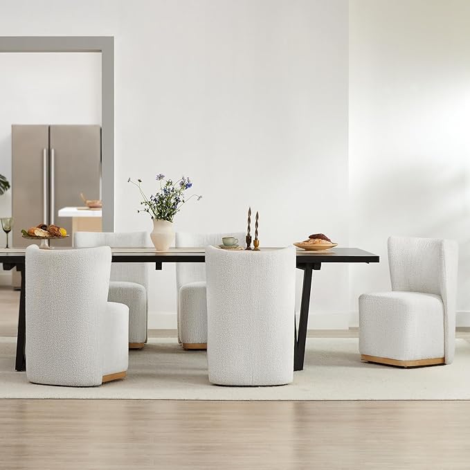 CHITA Upholstered Rolling Dining Chair on Casters Set of 2, FSC Certified Modern Fabric Dining Chair with Casters, Boucle Dining Chairs for Reading Room Kitchen Dining Room, Pearl