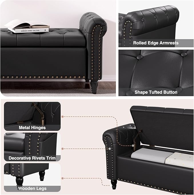 55 Inch Bedroom Bench, End of Bed Bench with Storage, Bed Benches for Foot of Bed, Faux Leather Window Bench with Rolled Arms, Upholstered Storage Bench with Tufted Button and Nailhead Trim, Black