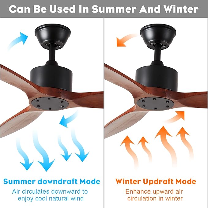 52 inch 3 blade Wood ceiling fan without light, Noiseless Reversible DC Motor Walnut Ceiling Fan Without Light for Farmhouse Patio Living Room Bedroom, Indoor Outdoor Ceiling Fan with Remote