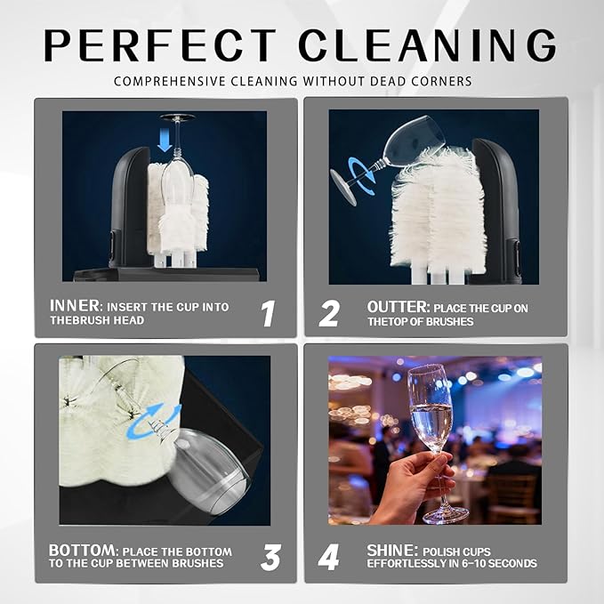 Commercial Glass Polisher Machine with 6 Microfiber Brushes, 330 Cups/Hour, 136℉ Warm Air Drying & LFGB Certified Heads, Build for Wine Beer Glasses in Bar Restaurant Hotel