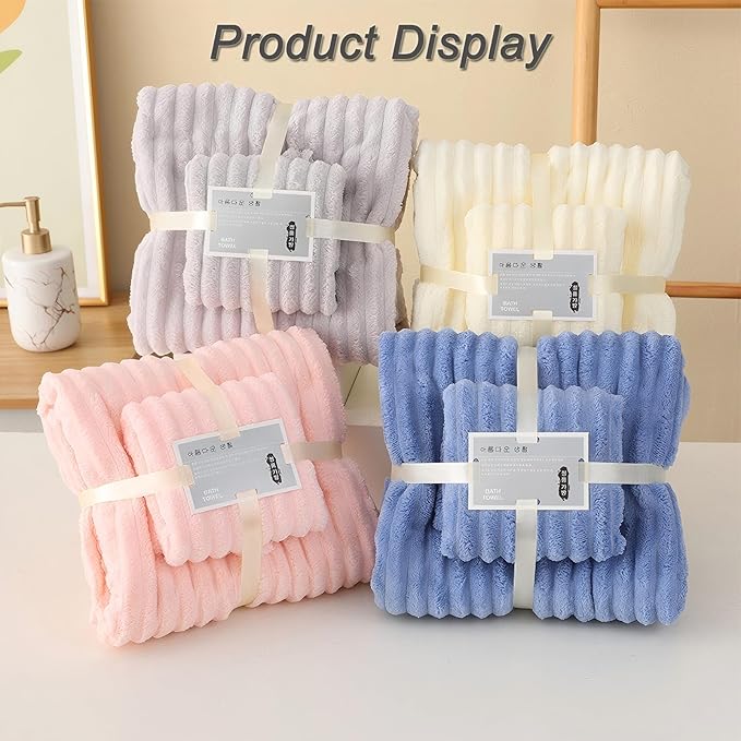 Coral Fleece Towel and Bath Towel Set Extra Thick Absorbent Wave Pattern 2 Piece Set for Home Spa and Travel Soft and Quick Drying (Blue)