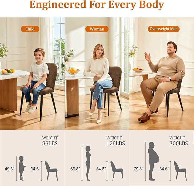 Upholstered Dining Chairs Set of 4, Mid Century Modern Fabric Dining Room Chair High-Back Padded Kitchen Chairs with Padded Seat and Metal Legs for Kitchen Dining Room Restaurant Cafe, Brown