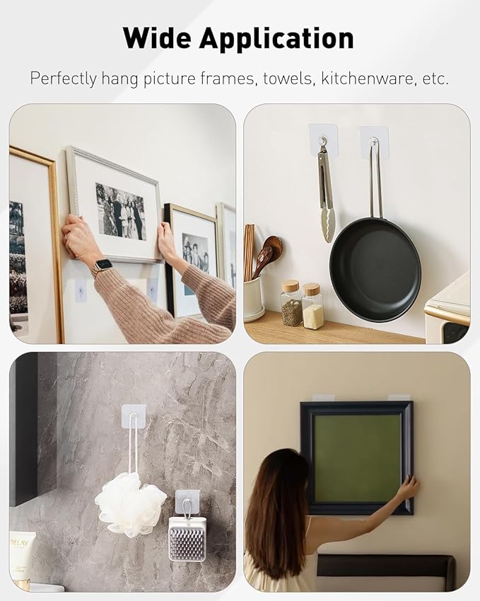 Uniclife 60 Pcs Self Adhesive Picture Hooks 33 lbs Max Load Heavy Duty Picture Hangers Without Nails Wall Hooks for Hanging Transparent Waterproof Frame Hangers Sticky Hook for Bathroom Kitchen