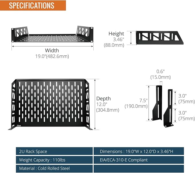 Tecmojo 2U Rack Shelf,19 inch Server Rack Shelf 12 inch Depth,Weight Capacity 110Lbs/50kg,Rack Mount Shelf for 19" Network Racks & Cabinets,with Complete Accessories (2Pack)