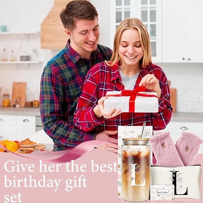 Unique Initial Glass Cup with Lids and Straws, Monogrammed Gifts Box Included Makeup Bag, Christmas Birthday Gifts for Women Mom Sister Grandma, L