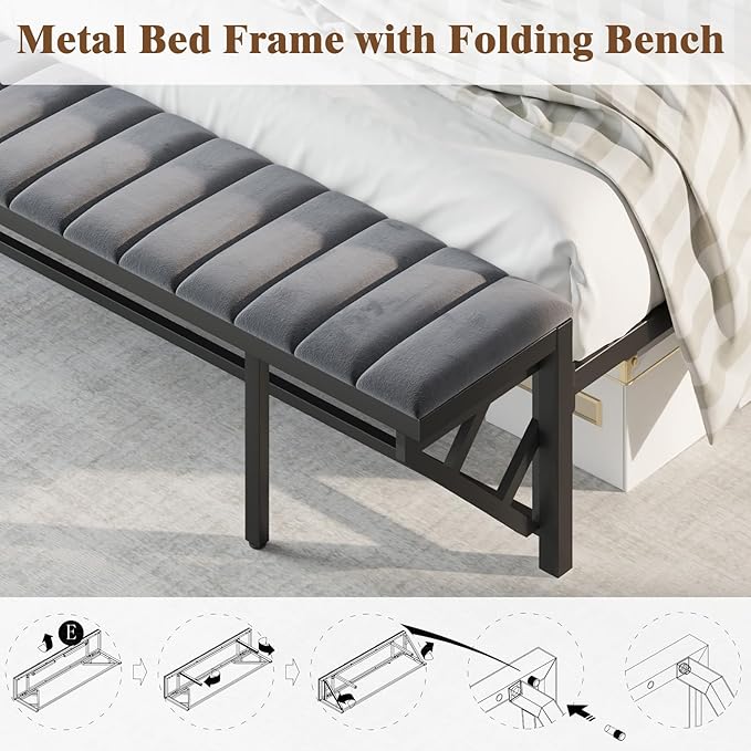 King Bed Frame with LED Light and Charging Station, Velvet Upholstered Headboard with Storage Shelf, Heavy Duty Metal Slats/No Box Spring Needed/Easy Assembly, Grey