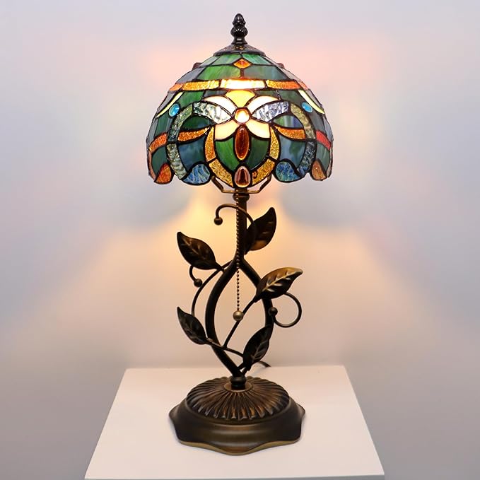 Small Tiffany Lamp Sea Blue Baroque Style Stained Glass Table Lamps Desk Bedside Reading Light 8X8X18 Inches with Bronze Metal Leaf Resin Base